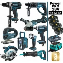 Pack Makita Power PRO 9 Outils 18V: DDF458 DHR202 DGA504 DTD152 DJV180 DSS610 DJR186 DMR108 DEADML802 + 4 Batt 5Ah + Sac