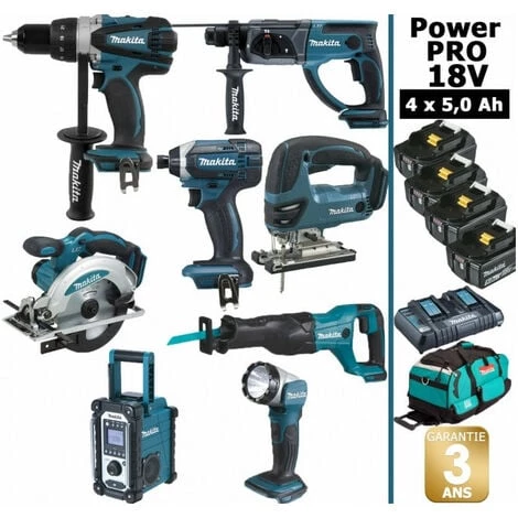 MAKITA Pack Power PRO 8 Outils 18V: DDF458 + DHR202 + DTD152 + DJV180 + DSS610 + DJR186 + DMR108 + DEADML802 + 4 Batt 5Ah + Sac