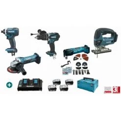 Lot 5 Machines MAKITA 18V 4 Batteries 5Ah + Chargeur Double + Perceuse Visseuse DHP458 + Visseuse à Choc DTD152 + Meuleuse DGA452Z + Scie Sauteuse DJV180Z + Découpeur Ponceur DTM51ZJX3 - LMK13