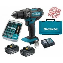 Perceuse Visseuse à Percussion Makita 18V 62Nm DHP482 + 2 Batt 3 Ah + 30 Embouts De Vissage + Porte-embout Magnétique