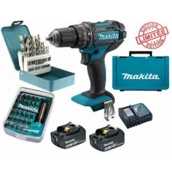 Perceuse Visseuse à Percussion Makita 18V 62Nm DHP482 + 2 Batt 3 Ah + 30 Embouts De Vissage + 18 Forets D-46202 Edition Limitée