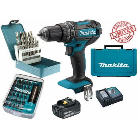 Pack Cadeau Perceuse Visseuse à Percussion Makita 18V 62Nm DHP482 + 1 Batt 3 Ah + 30 Embouts De Vissage + 18 Forets D-46202