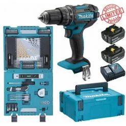 Perceuse Visseuse à Percussion Makita 18V 62Nm DHP482 + 2 Batt 5 Ah + Coffret 104 Accessoires De Perçage Vissage
