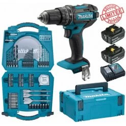 Perceuse Visseuse à Percussion Makita 18V 62Nm DHP482 + 2 Batt 5 Ah + Coffret 71 Accessoires Perçage Vissage D-47145