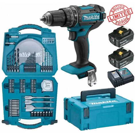 Perceuse Visseuse à Percussion Makita 18V 62Nm DHP482 + 2 Batt 5 Ah + Coffret 71 Accessoires Perçage Vissage D-47145