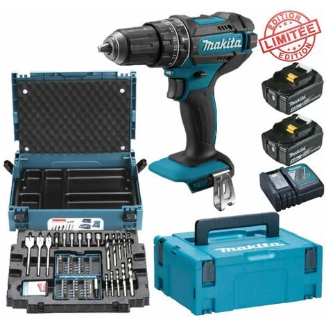 Perceuse Visseuse à Percussion Makita 18V 62Nm DHP482 + 2 Batt 5 Ah + Coffret 66 Accessoires MAKPAC B-43044 MAKITA