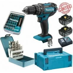Perceuse Visseuse à Percussion Makita 18V 62Nm DHP482 + 2 Batt 5 Ah + 30 Embouts De Vissage + 18 Forets D-46202 Edition Limitée