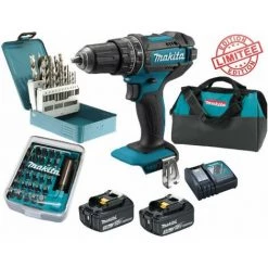 Pack Perceuse Visseuse Percussion Makita 18V 62Nm DHP482 + 2 Batt 3 Ah + 30 Embouts De Vissage + 18 Forets + Sac
