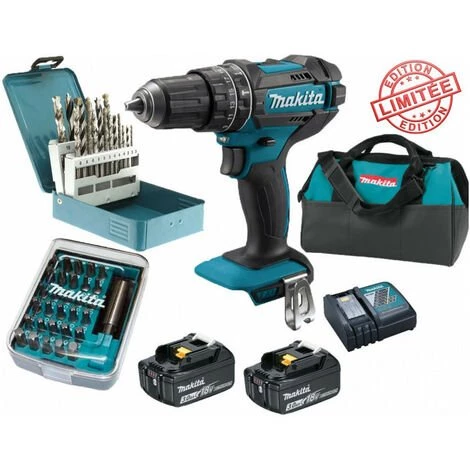 Pack Perceuse Visseuse Percussion Makita 18V 62Nm DHP482 + 2 Batt 3 Ah + 30 Embouts De Vissage + 18 Forets + Sac