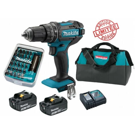 Perceuse Visseuse à Percussion Makita 18V 62Nm DHP482 + 2 Batt 3 Ah + 30 Embouts De Vissage + Porte-embout Magnétique + Sac