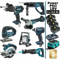 Pack Makita Power PRO 8 Outils 18V: Perceuse DHP458 DHR202 DGA504 DTD152 DJV180 DSS610 DJR186 Lampe DEADML805 4 Batt 5Ah Sac