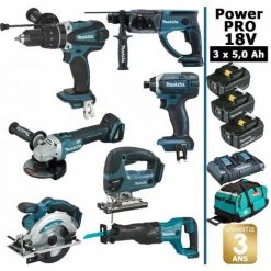 Pack Makita Power PRO 7 Outils 18V: Perceuse DHP458 + DHR202 + DGA504 + DTD152 + DJV180 + DSS610 + DJR186 + 3 Batt 5Ah + Sac