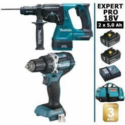 Pack Makita EXPERT PRO BL Motor 18V 2 Batt 5Ah Perceuse DDF484 + Perforateur DHR243 Sans Charbon Avec Sac