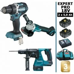 Pack Makita EXPERT PRO BL Motor 18V 3 Machines 2 Batt 5Ah Perceuse DDF484 + DGA506 + DHR243 Avec Sac