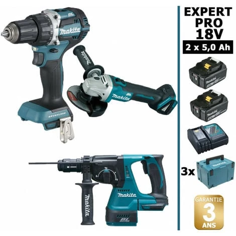 Pack Makita EXPERT PRO BL Motor 18V 3 Machines 2 Batt 5Ah Perceuse DDF484 + DGA506 + DHR243