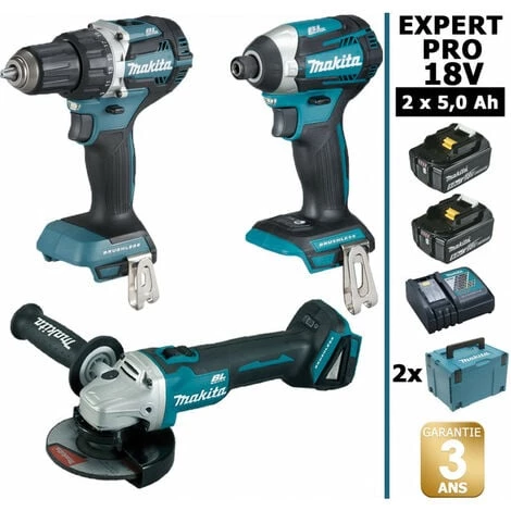 Pack Makita EXPERT PRO BL Motor 18V 3 Machines 2 Batt 5Ah Perceuse DDF484 + Visseuse à Chocs DTD154 + Meuleuse DGA506