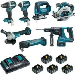 Ensemble De 7 Machines MAKITA Perceuse DDF484 + Visseuse DTD154 + Meuleuse DGA506 + Scie DHS680 + Perfo DHR243 + Découpeur DTM51 + Scie DJV182 - DLX7014PTJ