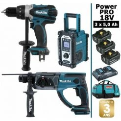 Pack Power PRO Makita 18V: Perceuse 91Nm DDF458 + Perfo 2J DHR202 + Radio De Chantier DMR108 + 3 Batt 5Ah + Sac