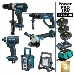MAKITA Pack Power PRO 6 Outils 18V: DDF458 + DTD152 + DGA504 + DHR202 + DMR108 + Projecteur + 3 Batt 5Ah + Sac