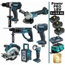 Pack Makita Power PRO 7 Outils 18V: Perceuse DDF458 + Perfo DHR202 + Visseuse à Choc DTD152 + Meuleuse DGA504 + Scie Circulaire