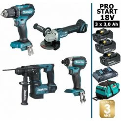 Pack Makita PRO START BL Motor 18V 4 Machines 3 Batt 3Ah Perceuse DDF485 + Visseuse DTD153 + Meuleuse DGA504 + Perfo DHR171
