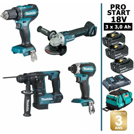 Pack Makita PRO START BL Motor 18V 4 Machines 3 Batt 3Ah Perceuse DDF485 + Visseuse DTD153 + Meuleuse DGA504 + Perfo DHR171