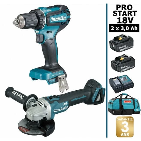 Pack Makita PRO START BL Motor 18V 2 Batt 3Ah Perceuse 50Nm DDF485 + Meuleuse 125mm DGA504