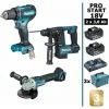 Pack Makita PRO START BL Motor 18V 3 Machines 2 Batt 3Ah Perceuse 50Nm DDF485 + Meuleuse DGA504 + Perforateur DHR171 + Makpac