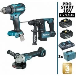 Pack Makita PRO START BL Motor 18V 3 Machines 2 Batt 3Ah Perceuse 50Nm DDF485 + Meuleuse DGA504 + Perforateur DHR171 + Makpac