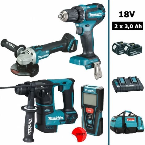 Pack Immanquable Pro Start BL Motor 18V : DDF485 + DGA504 + DHR171+ Télémètre (OFFERT) Avec 2 Batteries 3Ah + Sac MAKITA