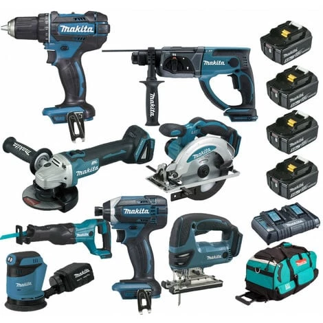 Pack Makita 8 Machines 18V 5Ah: DDF482 + DTD152 + DGA504 + DHR202 + DJR186 + DJV180 + DSS610 + DBO180 + 4 Batteries + Sac