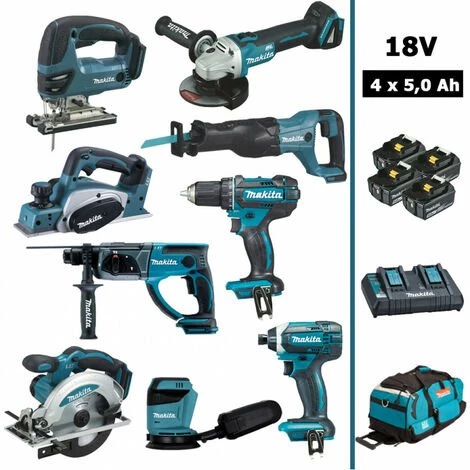 Pack Makita 9 Machines 18V 5Ah: DDF482 + DTD152 + DGA504 + DHR202 + DJR186 + DJV180 + DSS610 +DBO180+DKP180+4 Batteries+sac