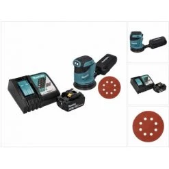 Makita DBO 180 RT1 Ponceuse Excentrique Sans Fil 18 V - 125 Mm + 1x Batterie 5,0 Ah + Chargeur + 50x Papiers Abrasifs K 320