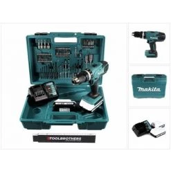 Makita HP 457 DWE 10 Perceuse-visseuse Sans Fil 18 V 42 Nm Série G + 2x Batteries 1,5 Ah + Chargeur + Set De 74 Pièces + Mètre Pliant TOOLBROTHERS
