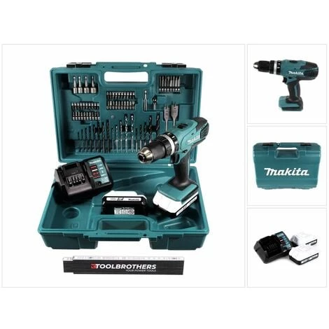 Makita HP 457 DWE 10 Perceuse-visseuse Sans Fil 18 V 42 Nm Série G + 2x Batteries 1,5 Ah + Chargeur + Set De 74 Pièces + Mètre Pliant TOOLBROTHERS