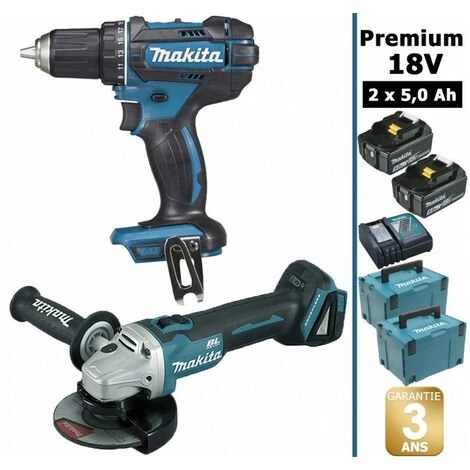 Pack Makita Premium 18V 5Ah: Perceuse 62Nm DDF482 + Meuleuse 125mm DGA504 + 2 Batteries + 2 MakPac MAK28730RTJ MAKITA