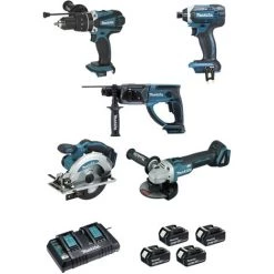 Ensemble De 5 Machines MAKITA 18V Li-Ion 5.0 Ah - Perfo-burineur + Visseuse + Perceuse à Percussion + Meuleuse + Scie Circulaire - DLX5039PTJ