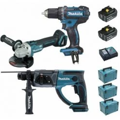 Pack Makita Premium 18V 5Ah: Perceuse 62Nm DDF482 + Meuleuse 125mm DGA504 + Perforateur 2J DHR202 + 2 Batteries + 3 MakPac