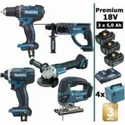 Pack Makita Premium 5 Machines 18V 5Ah: Perceuse DDF482 + Meuleuse DGA504 + Perforateur DHR202 + Visseuse à Chocs DTD152 + Scie