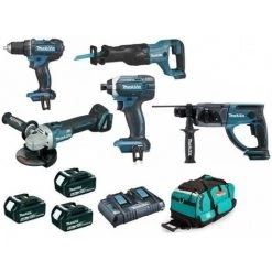 Pack Makita Premium 5 Machines 18V 5Ah: Perceuse DDF482 + Meuleuse DGA504 + Perforateur DHR202 + Visseuse à Chocs DTD152 + Scie
