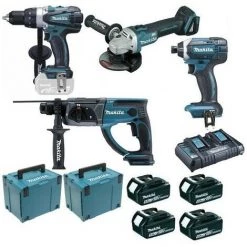 Pack Makita Pro 18V 5Ah: Perceuse 91Nm DDF458 + Meuleuse 125mm DGA504 + Perforateur 2J DHR202 + Visseuse à Chocs 165Nm DTD152 +