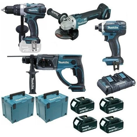 Pack Makita Pro 18V 5Ah: Perceuse 91Nm DDF458 + Meuleuse 125mm DGA504 + Perforateur 2J DHR202 + Visseuse à Chocs 165Nm DTD152 +