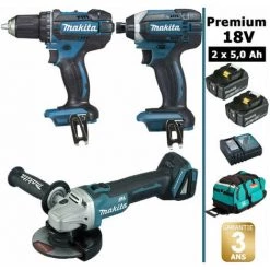Pack Makita Premium 18V 5Ah: Perceuse 62Nm DDF482 + Meuleuse 125mm DGA504 + Visseuse à Chocs 165Nm DTD152 + 2 Batteries + Sac