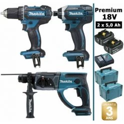 Pack Makita Premium 18V 5Ah: Perceuse 62Nm DDF482 + Perforateur 2J DHR202 + Visseuse 165Nm DTD152 + 2 Batteries + 2 Coffrets